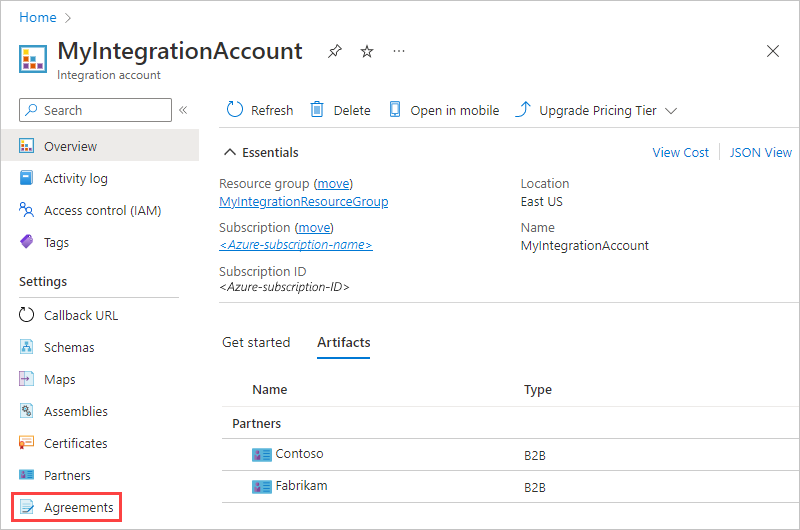 A captura de tela mostra o portal do Azure com a página da conta de integração aberta. No menu de navegação, a opção Contratos está selecionada.
