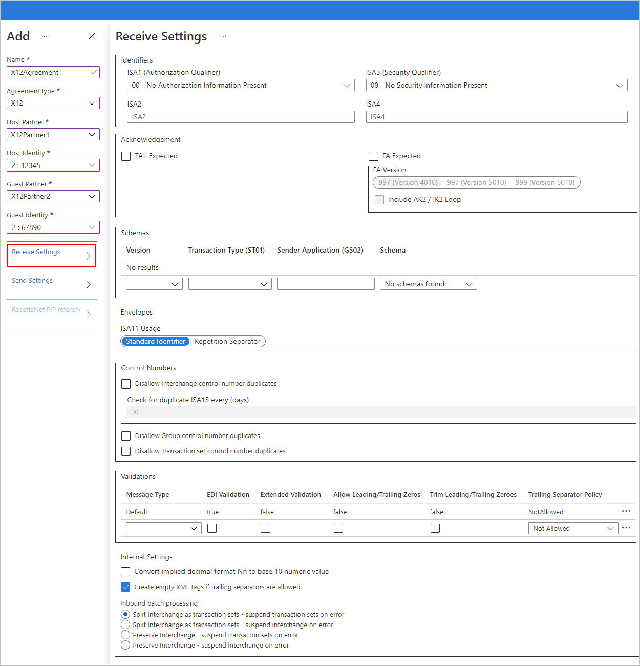 Captura de tela mostrando o portal do Azure e configurações do contrato X12 para mensagens de entrada.