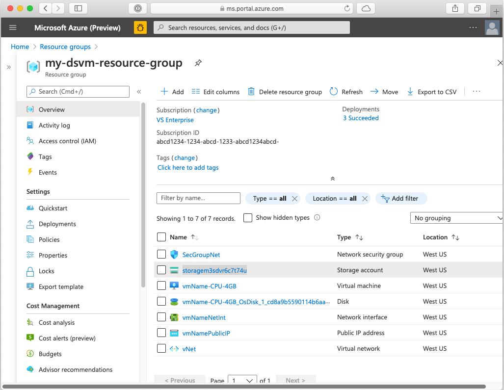 Captura de tela mostrando um Grupo de Recursos básico que contém uma DSVM