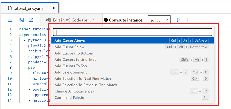 Captura de tela mostrando a paleta de comandos no editor de arquivos.