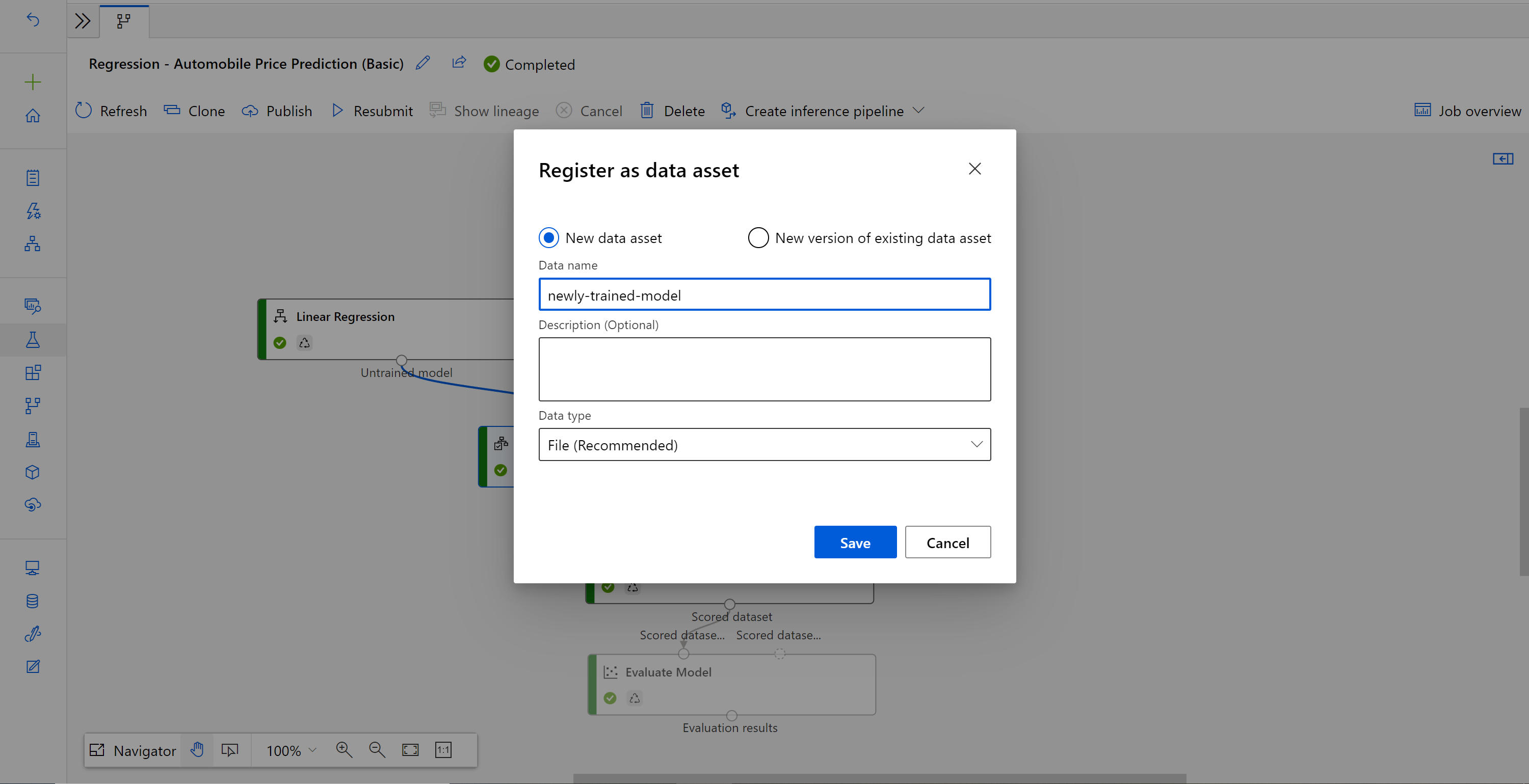 Captura de tela da opção Registrar como novo conjunto de dados, com a opção Novo conjunto de dados selecionada.
