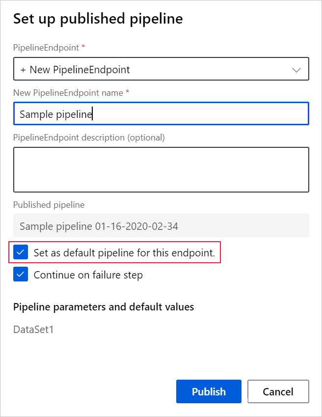 Captura de tela de como configurar um pipeline publicado com a opção “Definir pipeline como padrão para este ponto de extremidade” marcada.