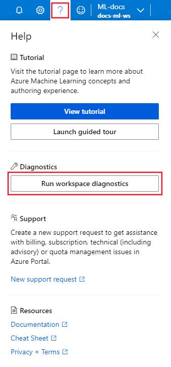 Captura de tela do botão diagnóstico do workspace.