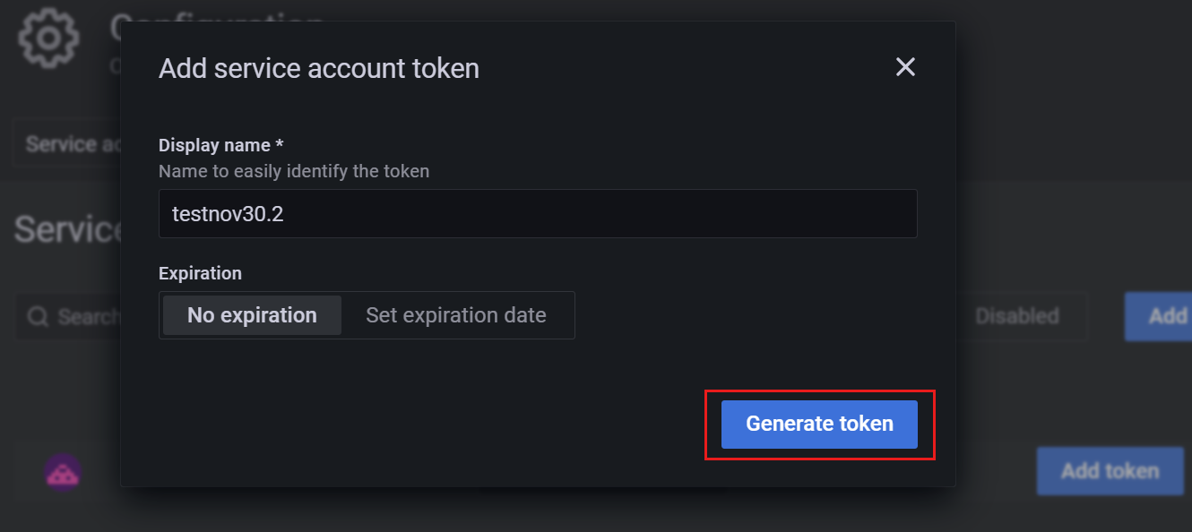Captura de tela da plataforma do Azure. Adicionar página de token de conta de serviço.