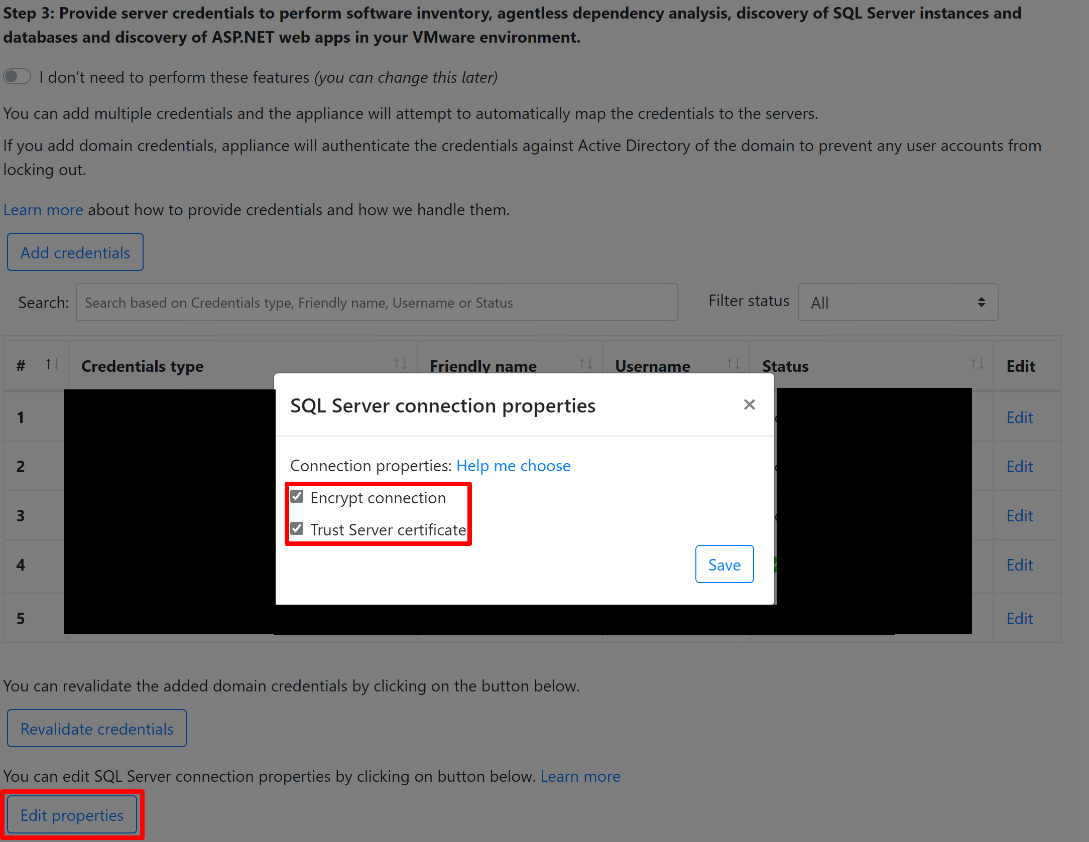 Captura de tela que mostra como editar as propriedades de conexão do SQL Server.