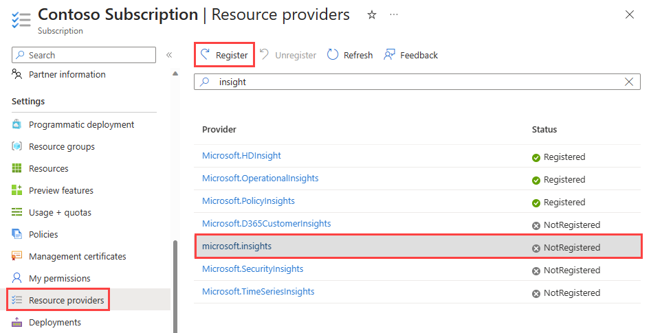 Captura de tela que mostra como registrar o provedor do Microsoft Insights no portal do Azure.
