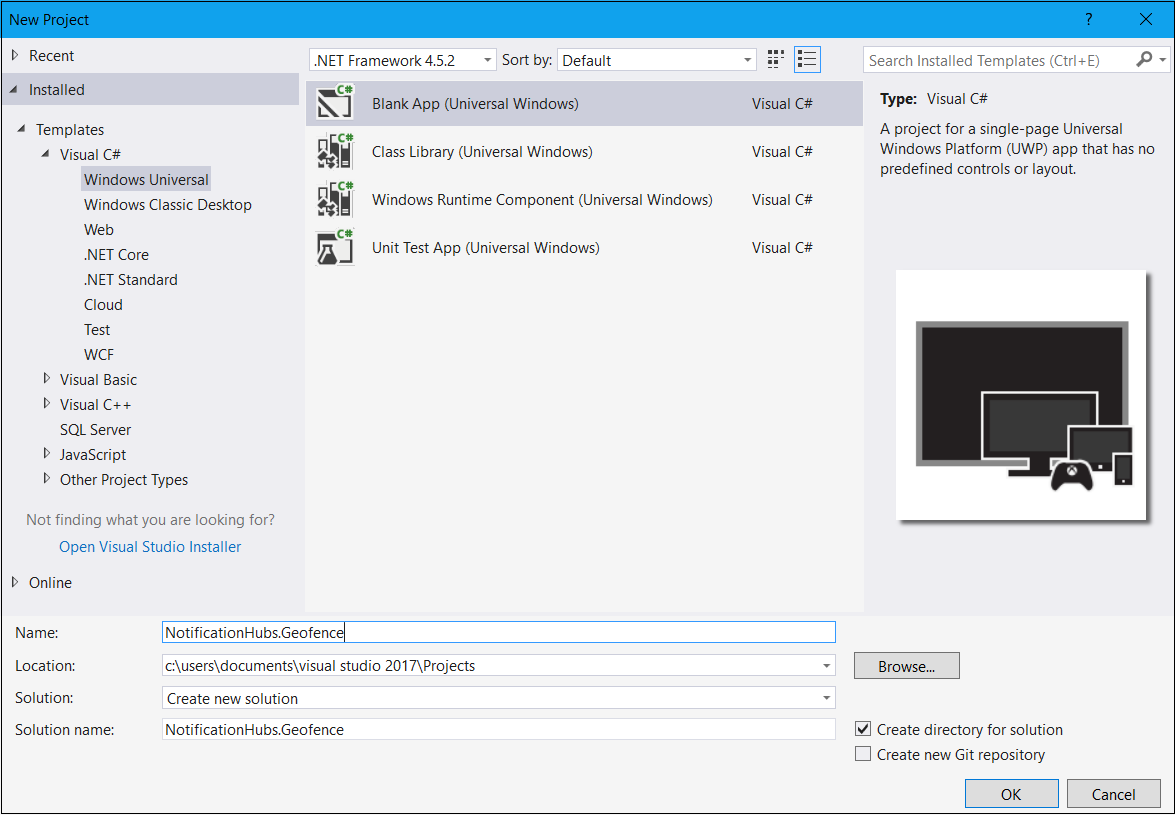 Captura de tela de uma caixa de diálogo de Novo Projeto do Visual Studio, com a opção de Aplicativo em Branco (Universal do Windows) para Visual C# realçada.