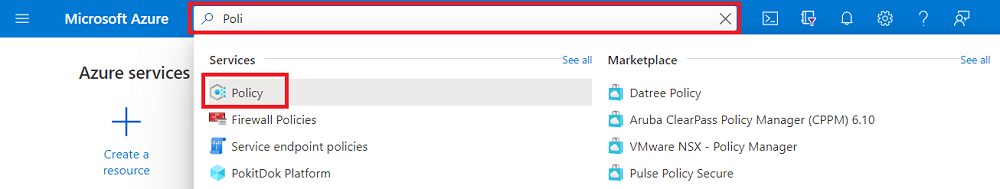 Captura de tela mostrando a barra de pesquisa portal do Azure, procurando palavra-chave de política.