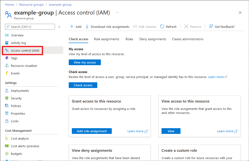 Screenshot of Access control (IAM) page for a resource group for classic experience.