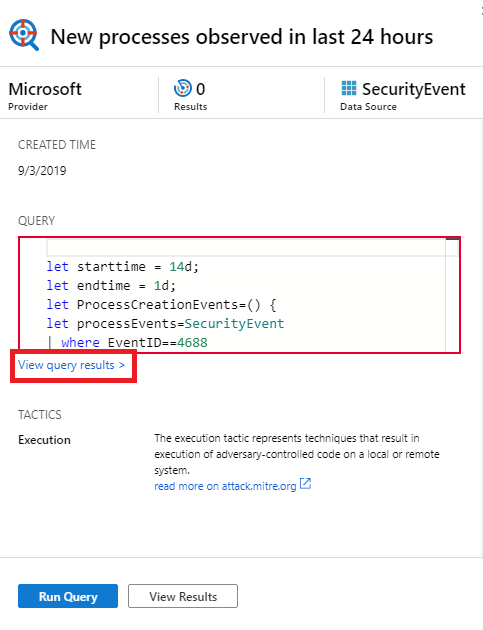 Captura de tela da exibição dos resultados da consulta na busca do Microsoft Sentinel.