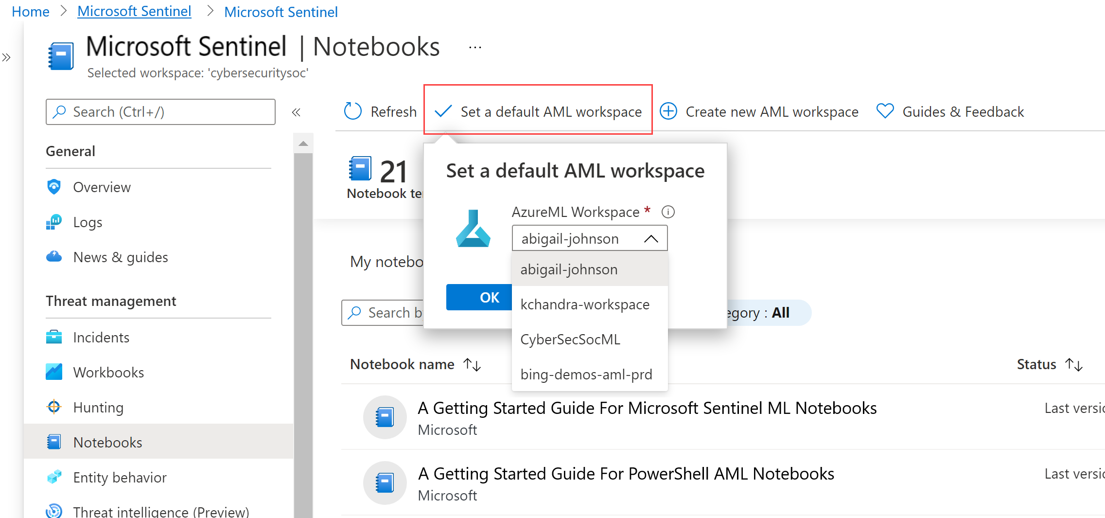 Selecione um workspace padrão do AML para seus notebooks.