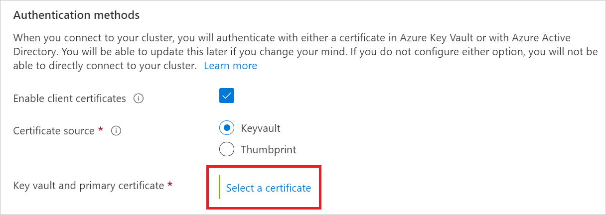Captura de tela do botão Selecionar um certificado na seção Método de autenticação das configurações, PNG.