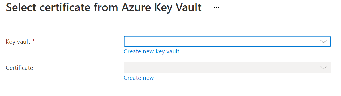 Captura de tela dos menus suspensos Key Vault e certificado do Azure, PNG.