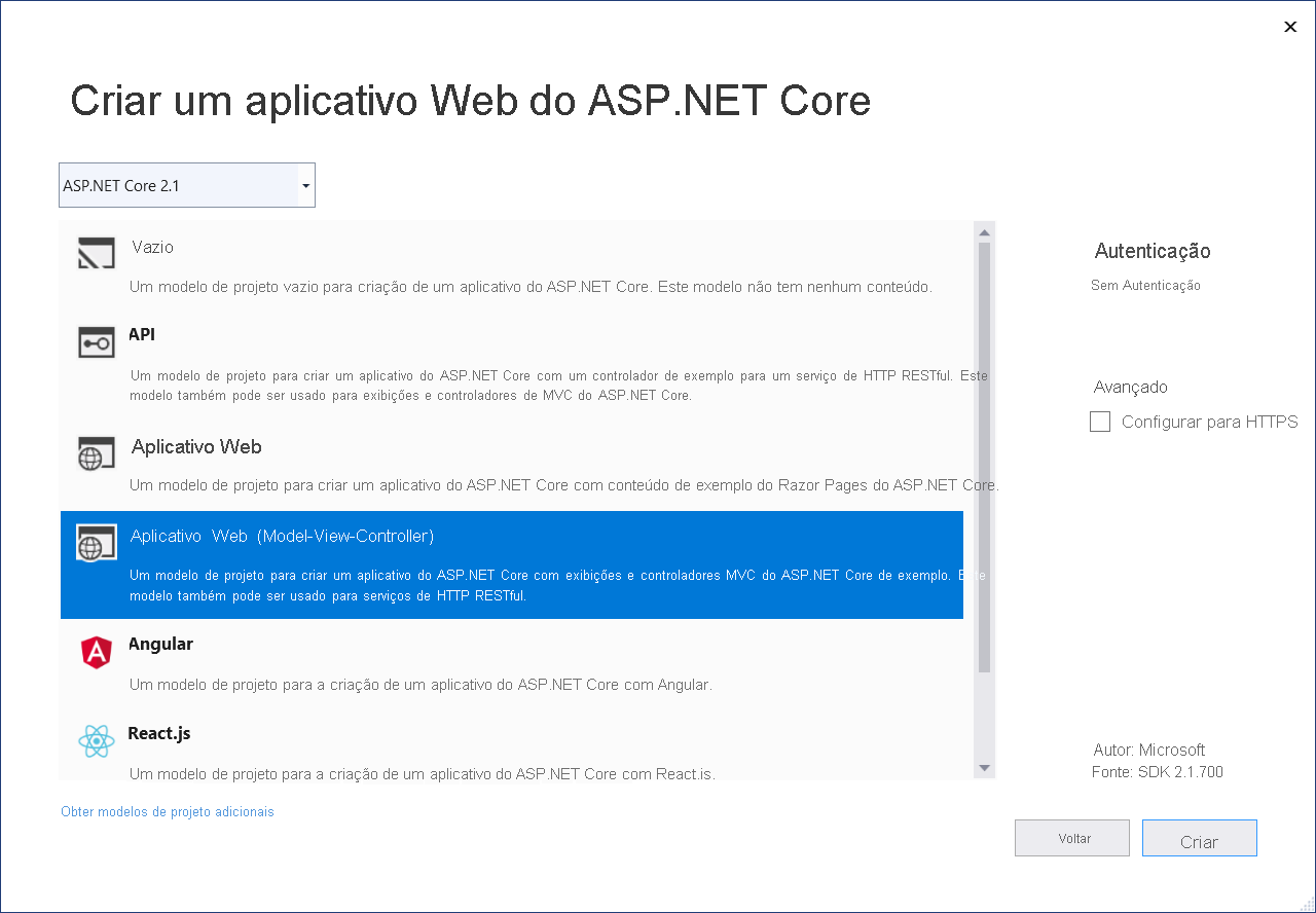 Escolha o tipo de projeto do ASP.NET