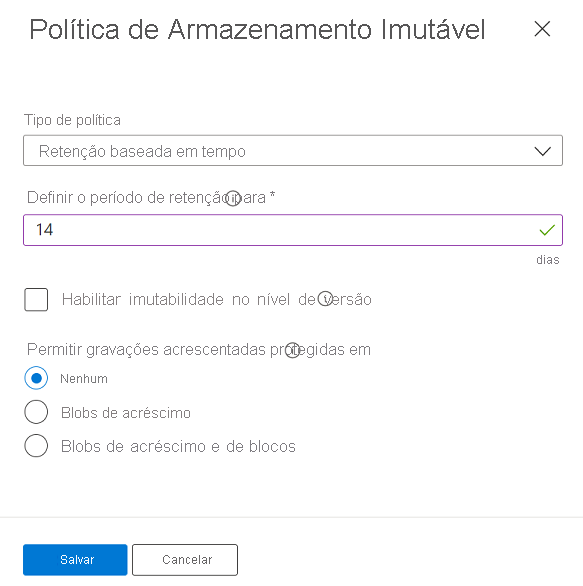 Captura de tela que mostra como configurar a política de imutabilidade com escopo definido para o contêiner