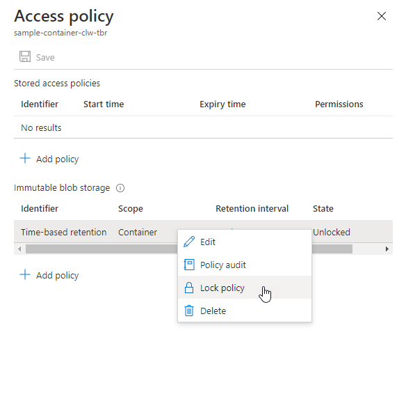 Captura de tela que mostra como bloquear a política de retenção baseada em tempo no portal do Azure