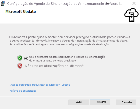 Ensure Microsoft Update is enabled in the Microsoft Update pane of the Azure File Sync agent installer