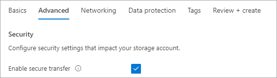 A screenshot of secure transfer enabled in the advanced settings for the storage account.