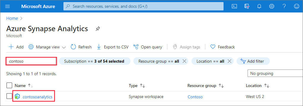 Uma captura de tela dos workspaces do Azure Synapse filtrados para mostrar os que contêm o nome Contoso.