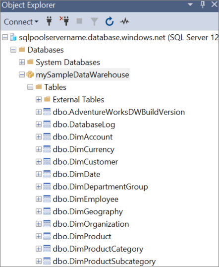 Uma captura de tela do SSMS (SQL Server Management Studio) mostrando objetos de banco de dados no Pesquisador de Objetos.