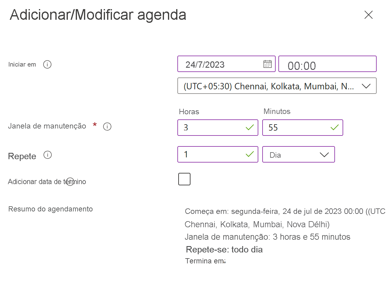 Captura de tela das opções para adicionar ou modificar um agendamento.