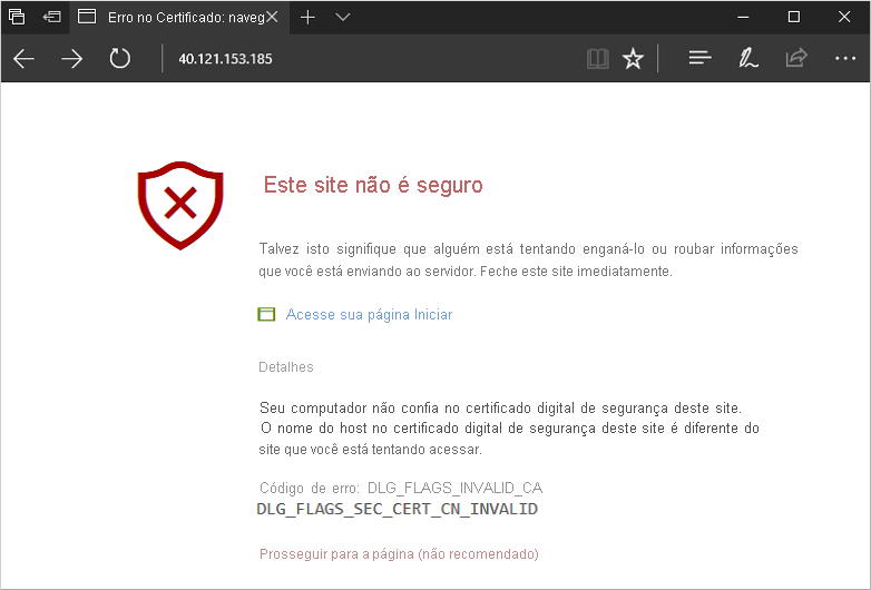 Captura de tela do aviso de segurança do navegador da Web.