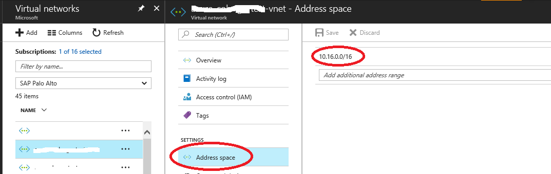 Address space of an Azure virtual network displayed in the Azure portal
