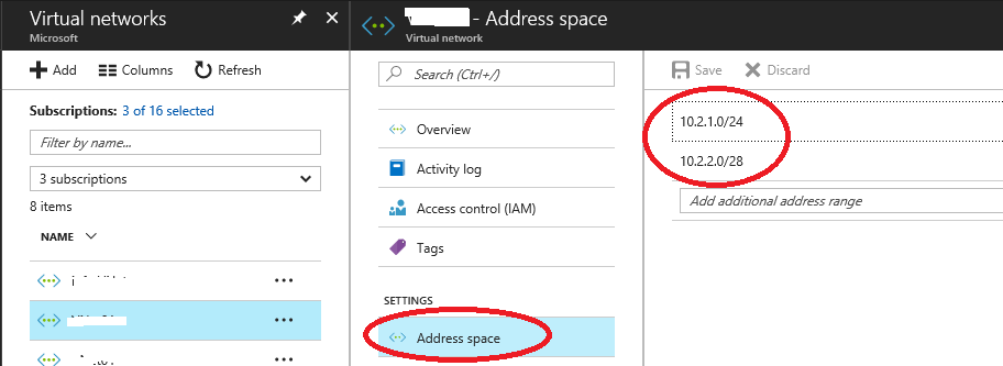 Azure virtual network address space with two spaces