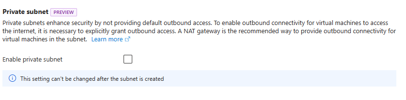 Captura de tela do portal do Azure mostrando a opção Sub-rede privada.