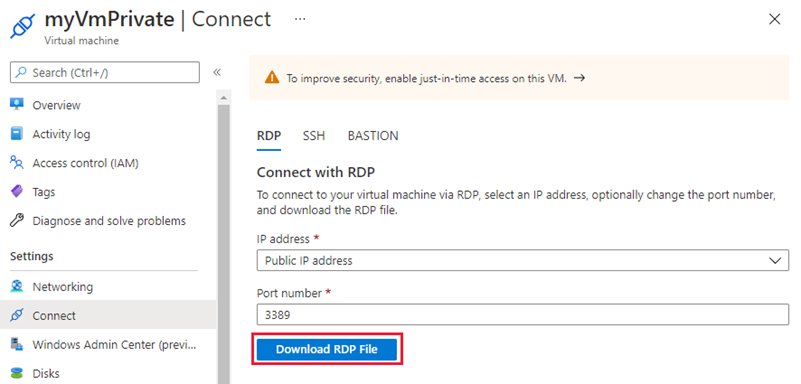 Captura de tela do download do arquivo RDP da máquina virtual privada.