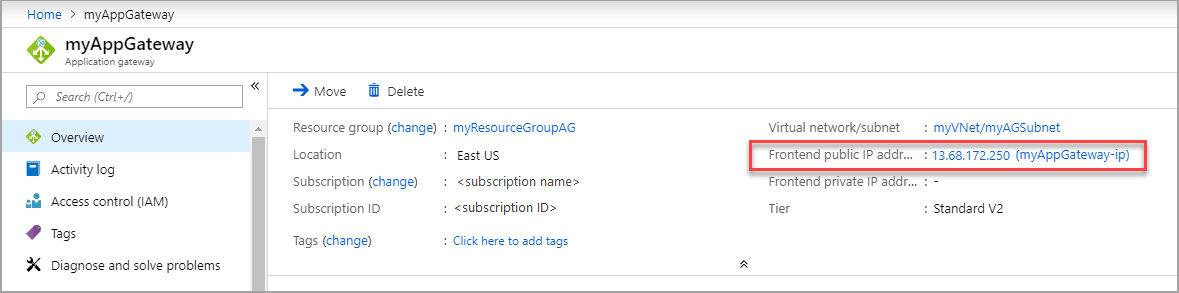 Captura de tela do endereço IP público do Gateway de Aplicativo na página Visão geral.