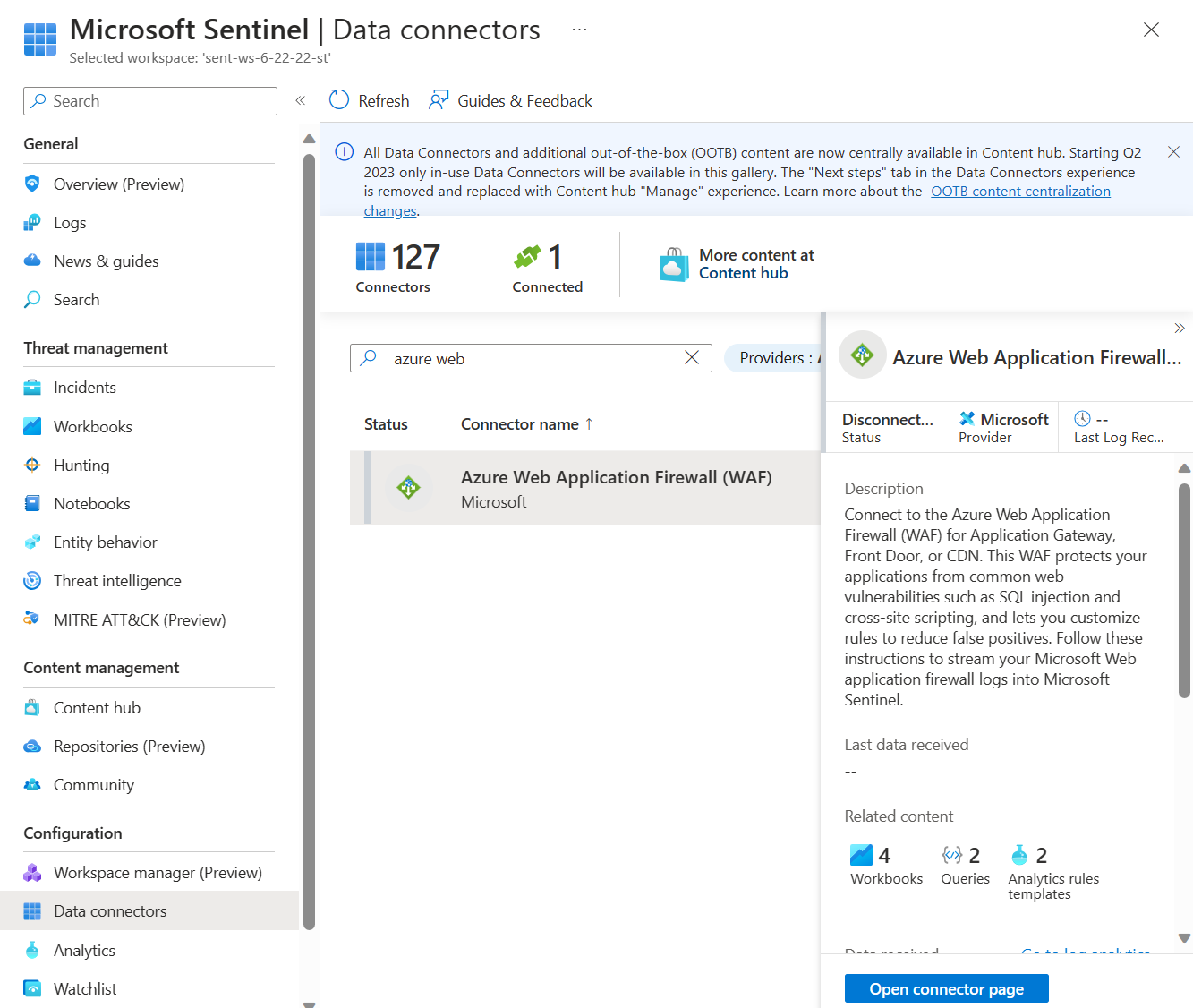 Captura de tela do conector de dados no Microsoft Sentinel.