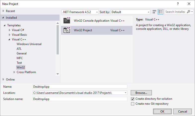 Captura de tela da caixa de diálogo Novo Projeto no Visual Studio 2015 com os seguintes itens selecionados: > Modelos > Visual C++ > Win32, com a opção Projeto Win32 realçada e DesktopApp digitado na caixa de texto Nome.