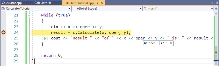 Captura de tela de uma dica de ferramenta mostrando o valor da variável 'oper', que é 47 ou '/'.
