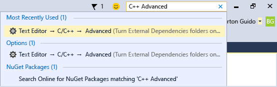 Captura de tela da caixa de pesquisa de Início Rápido. Ela mostra a pesquisa avançada do C++, que resulta em opções para o editor de texto.