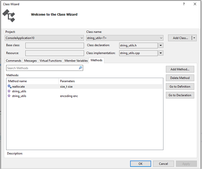 Captura de tela do Assistente de Classe que tem opções para adicionar métodos, variáveis de membro e muito mais.