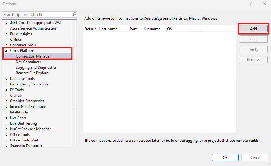 Captura de tela do painel de opções do Visual Studio.