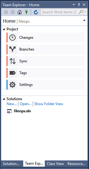 Captura de tela da janela do Team Explorer no Visual Studio 2017.