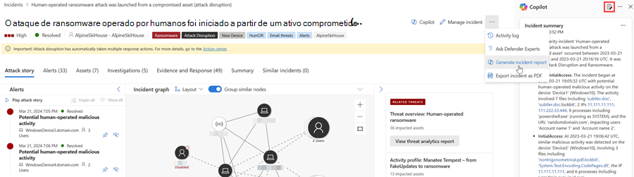Captura de tela destacando os botões do relatório de incidentes e do ícone de relatório gerados na página de incidentes.