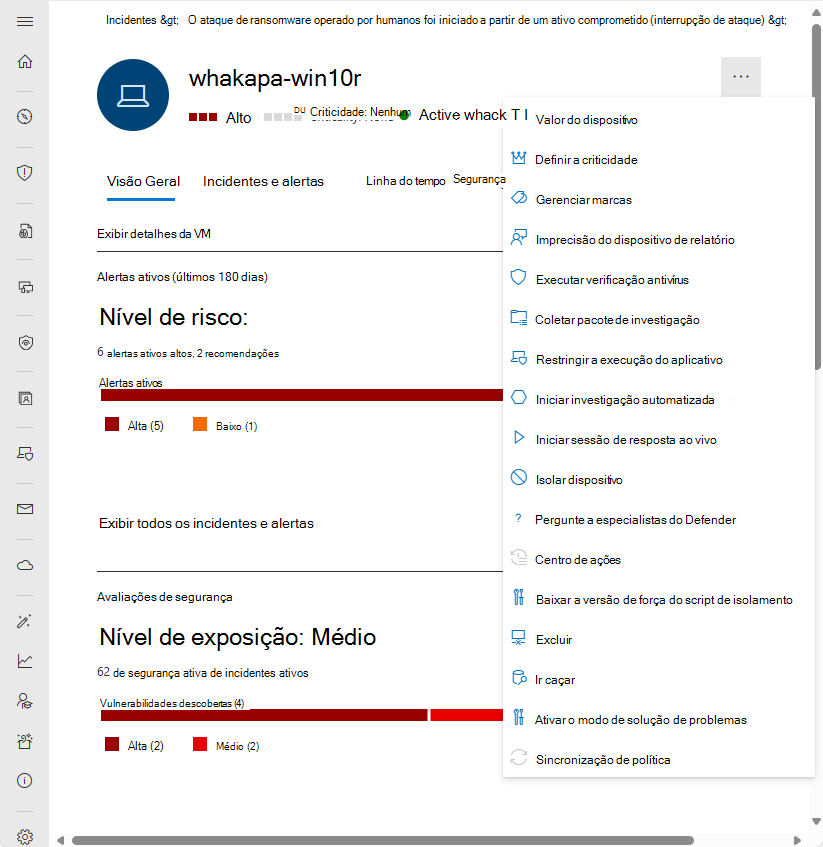Captura de tela da barra de ações da página entidade do dispositivo no portal Microsoft Defender.