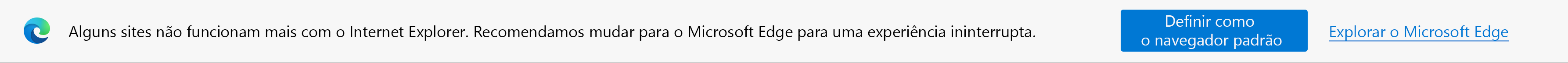 Notificações sobre sites modernos e solicitações para definir o Microsoft Edge como navegador padrão ou para explorar o Microsoft Edge.