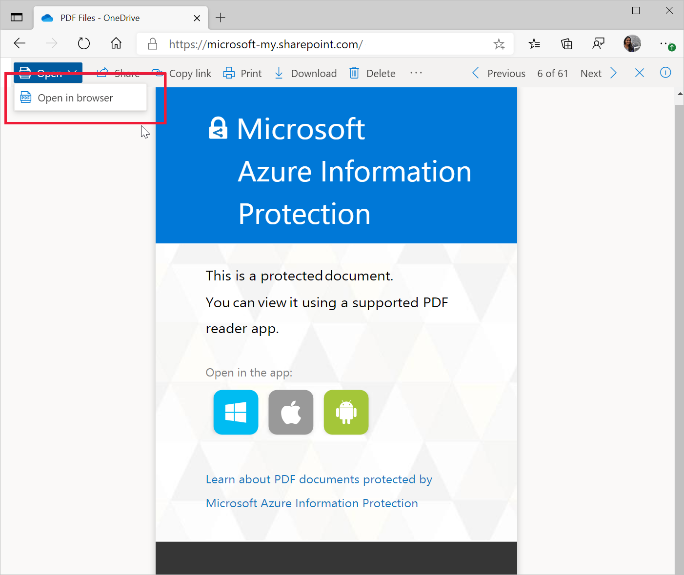 Aviso para salvar a página de PDF do SharePoint é protegido pelo MIP