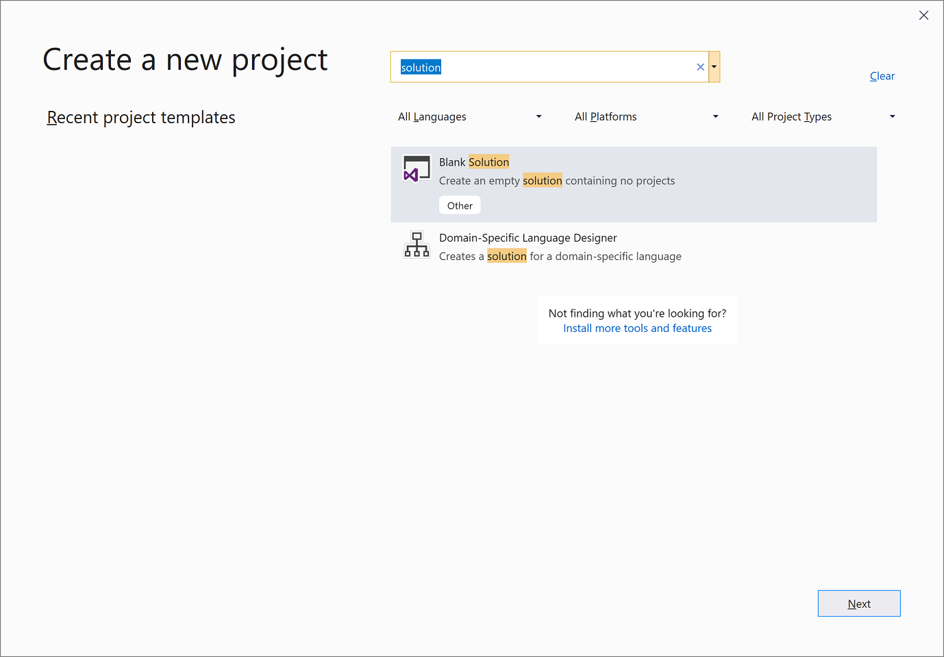 Modelo de solução em branco no Visual Studio