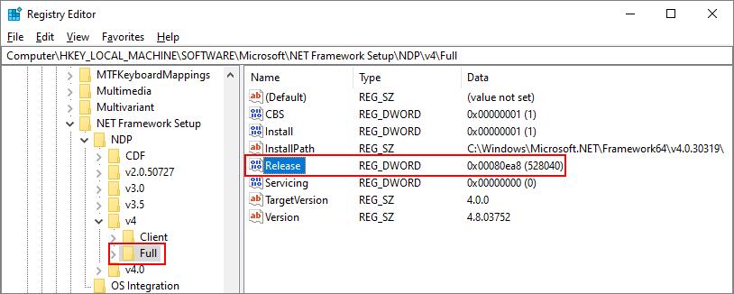 entrada de registro para .NET Framework 4,5