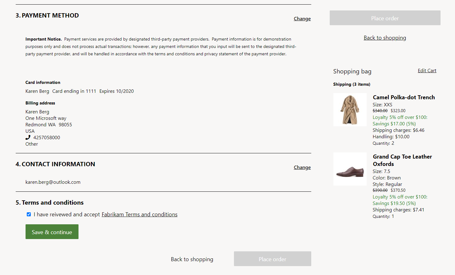 Exemplo de termos e condições em uma página de finalização da compra.