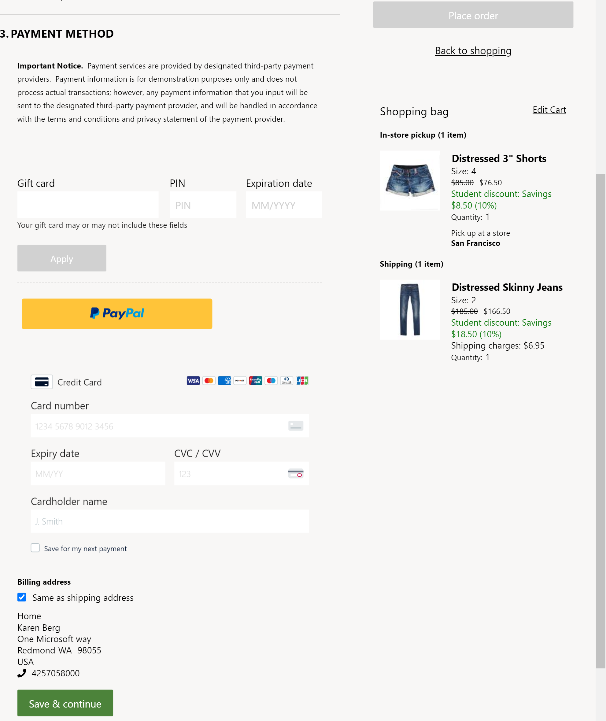 Exemplo de módulos de pagamento com Adyen e PayPal em uma página de finalização de compra.