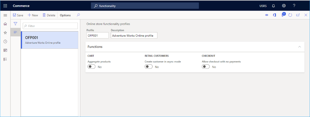 Exemplo de perfil de funcionalidade online.