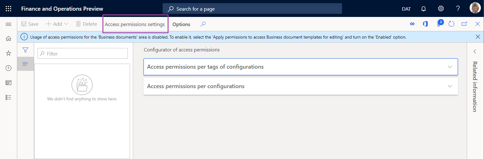 Página do configurador de permissões de acesso ao gerenciamento de documentos comerciais.