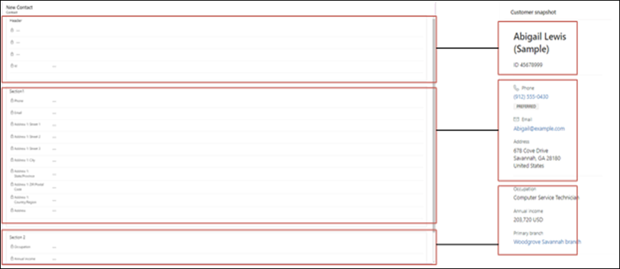 Captura de tela do formulário de visualização rápida com várias seções.