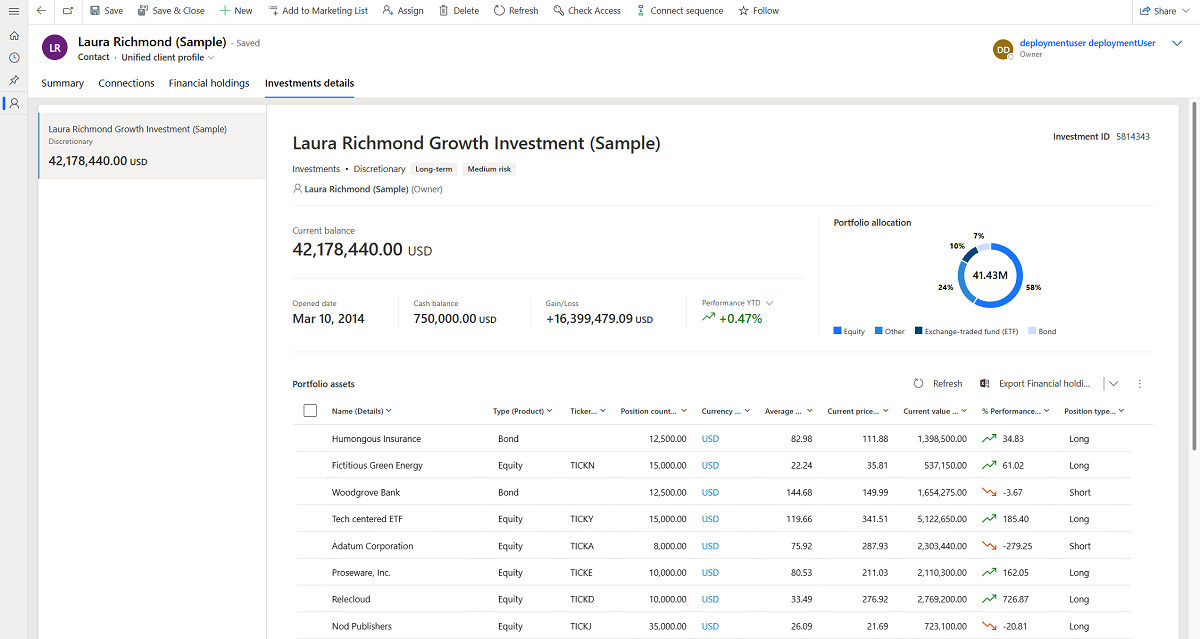Captura de tela da guia Detalhes do investimento no Perfil unificado de cliente.